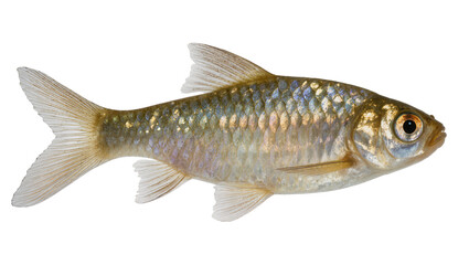 Isolated freshwater fish with shimmering iridescent scales captured in profile view with intricate detail © Niamh