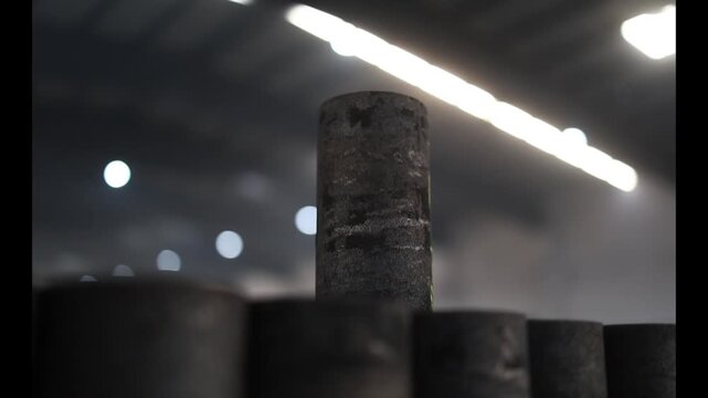 Macro shot of a single vertical metal billet on a production line with soft bokeh background
