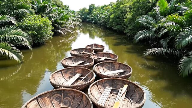 Vietnamese round basket boats on a tropical river