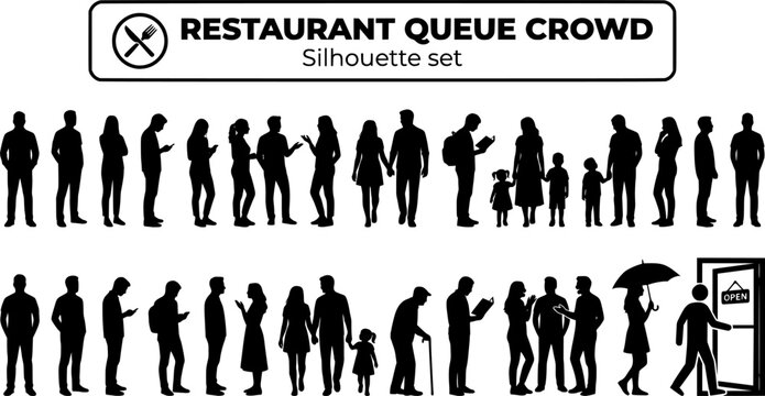 Restaurant Queue Waiting Crowd Silhouette Set Black White Lifestyle Bundle Vector Illustration Isolated White Background