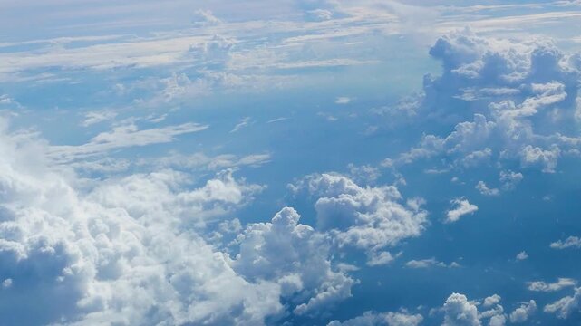 4K Motion landscape sky Aerial view summer tropical blue sky fluffy white cloud summertime sunny day cloudscape. Cumulus blue skyline spring sunlight climate background. Heaven environment