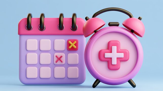3d calendar marked date and time for reminder with pharmacy drug icon. Vaccination medical equipment, healthcare medicine. medical pharmacy medicament. 3d alarm clock icon vector render illustration