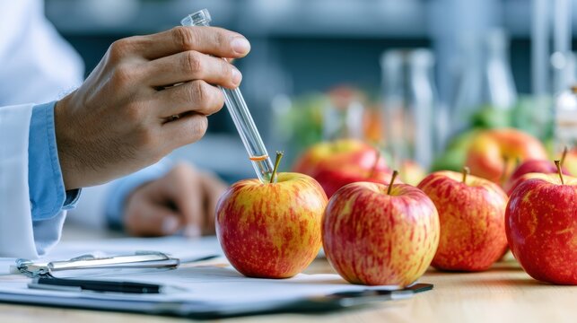 Scientist check chemical food residues in laboratory. Control experts inspect quality of fruits, vegetables. lab, hazards, ROHs, find prohibited substances, contaminate, Microscope, generate by AI