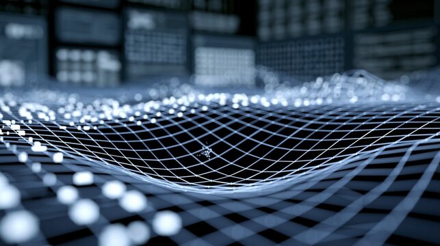 A tiny luminous particle appears inside a lattice of digital grids, scientific workstation background, focused mood, blue-white lighting, macro composition with layered data panels.