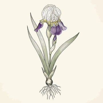 Detailed botanical illustration of a purple and white iris flower with roots.