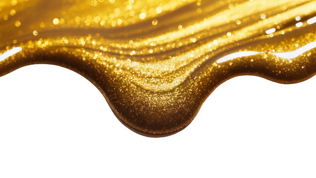Isolated opulent golden glitter fluid stream with glittering particles and a dazzling bokeh