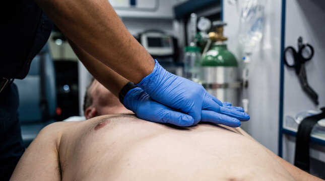 Paramedic performing CPR chest compressions on a patient inside an ambulance during a cardiac emergency, close-up of hands providing life-saving prehospital care