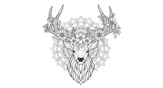 Detailed black and white line art of an elk head with antlers, floral crown, and intricate mandala background. Ideal for adult coloring pages and decorative nature-themed vector art.