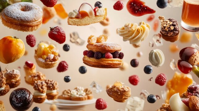 luxurious brunch spread floating in the air; pastries, fruit, and coffee items generative ai