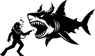 Naklejka premium Dramatic Deep Sea Battle Vector Illustration Featuring a Brave Scuba Diver Facing a Monstrous Megalodon Shark with Harpoon Gun Silhouette Design for T-shirts, Tattoos, and Creative Art