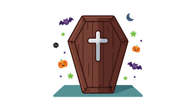 Brown coffin with white cross.