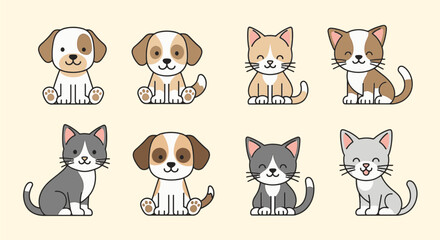 Fototapeta premium Collection of eight cute cartoon pet illustrations including various puppy and kitten characters in a minimalist flat vector style with thick black outlines on a cream background.