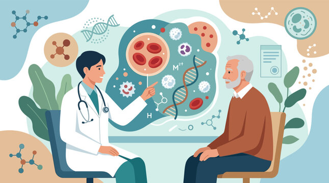 Vector illustration of a male doctor in a white coat explaining blood test results to a senior man. Graphic display shows red blood cells, DNA strands, and molecules for diagnostic health review.