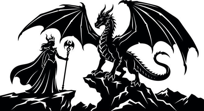 Epic Fantasy Vector Illustration of a Dragon and Queen on Mountain Peaks. High-Contrast Black and White Silhouette of Mythical Creature and Sorceress for Emblems and T-Shirt Designs.
