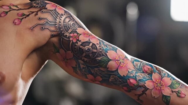 Cyborg arm with intricate cherry blossom gear tattoo