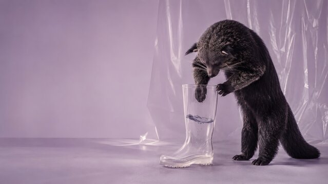 Surreal binturong looking into a transparent rain boot filled with water