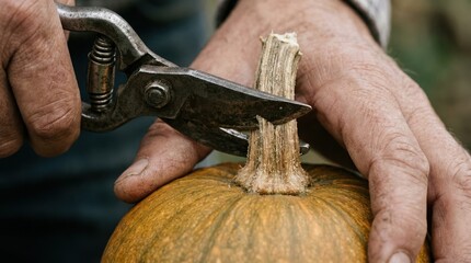 Senior farmer hands harvesting pumpkin with pruning shears in autumn field for seasonal thanksgiving food preparation