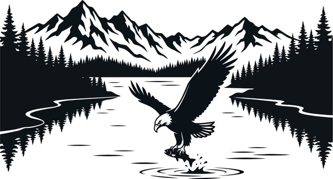 Majestic Bald Eagle Catching Fish in a Serene Mountain Lake Landscape Vector Illustration - Wildlife Nature Scene with Pine Trees and Snow-Capped Peaks for Adventure and Outdoor Designs