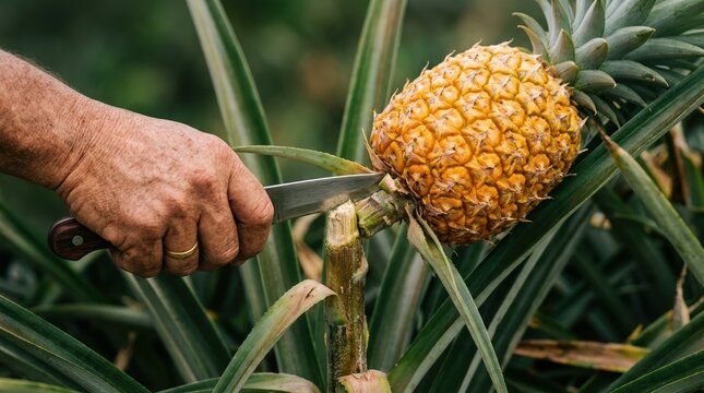 Senior farmer harvesting fresh ripe pineapple with knife in tropical plantation field for organic agriculture concept