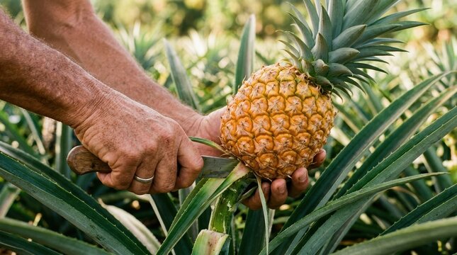 Mature male farmer harvesting fresh ripe pineapple in tropical plantation field, agricultural worker cutting organic fruit for sustainable food production