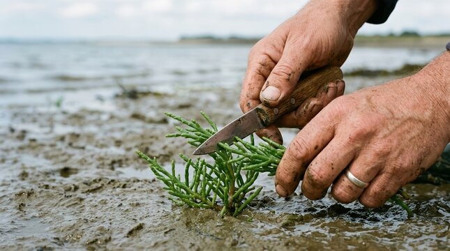 Foraging Fresh Salicornia Sea Asparagus on Mudflats by Hand with Knife for Sustainable Coastal Culinary Harvesting