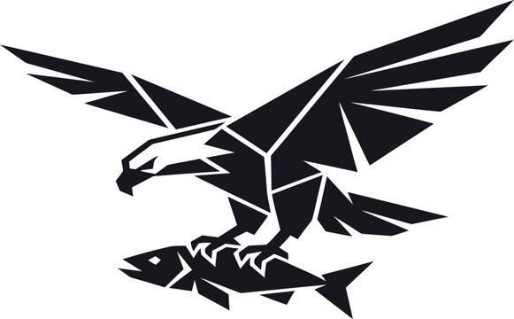 Minimalist Geometric Bald Eagle Hunting Fish Vector Illustration - Modern Bird of Prey Logo Design for Sports, Nature, and Wildlife Branding - Sharp Predator Silhouette Graphic.