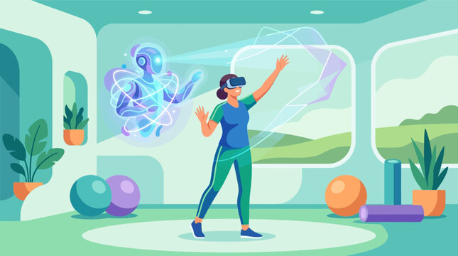 Flat vector of a woman in VR headset performing physical therapy with a holographic AI robot assistant in a modern clinic featuring gym equipment and windows.