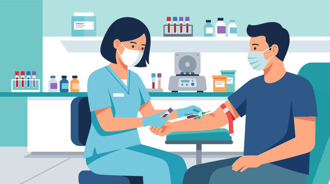Flat vector illustration of a nurse wearing a face mask and surgical gloves performing a blood draw procedure on a male patient in a modern medical laboratory or clinic environment.