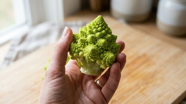 Hand Holding Fresh Romanesco Broccoli Floret Showing Fractal Patterns for Healthy Cooking and Organic Food Concepts