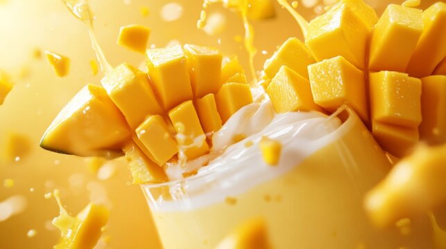 mango lassi floating in the air, mango slices, and splashes of yogurt generative ai