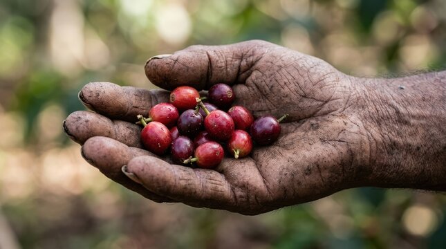 Weathered Hand Holding Freshly Harvested Red Coffee Cherries on Plantation Farm for Sustainable Agriculture Concept