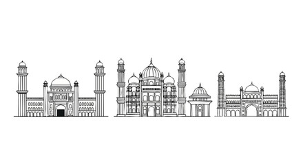 Obraz premium Vector illustration of Hyderabad, India landmark architecture featuring the Charminar monument with four minarets and ornate Islamic arches, isolated on a clean white background.