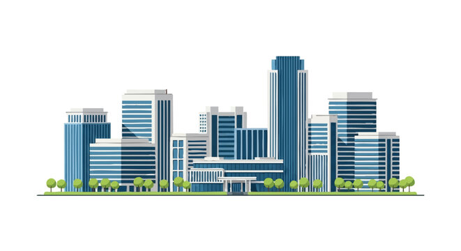 Vector illustration of a modern technology park in Hyderabad featuring glass skyscrapers, corporate office buildings, landscaped gardens, and urban infrastructure for the IT industry.