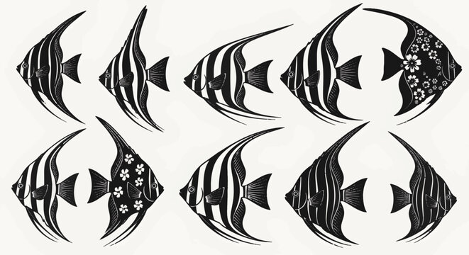 Collection of ten black and white angelfish silhouettes and vector illustrations featuring various patterns including stripes and floral motifs isolated on a plain light background.