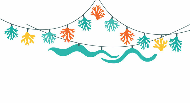 Minimalist vector illustration of nautical bunting featuring coral reef silhouettes in teal, orange, and yellow hanging from wires with sea wave elements on a plain white background.