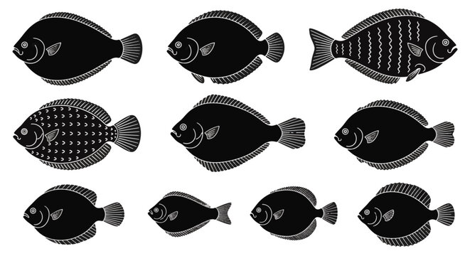 Collection of black silhouettes representing various sole and flatfish species, featuring detailed white line art for fins, scales, and eyes, isolated on a white background.