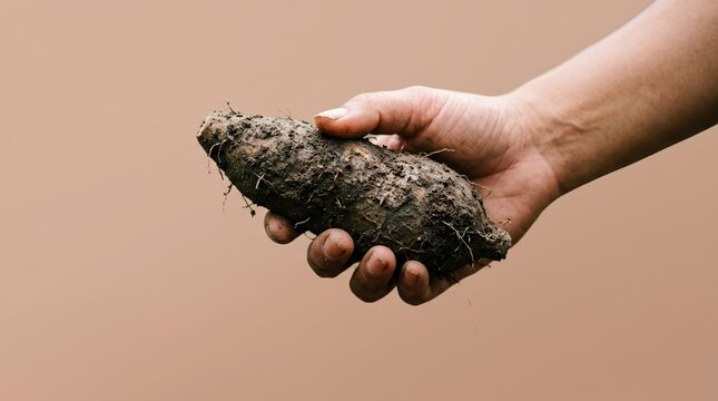Hand holding raw organic cassava root freshly harvested from soil for sustainable agriculture and healthy food preparation