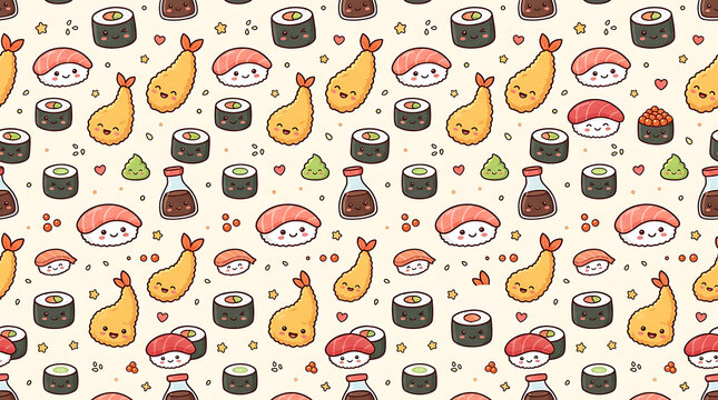 Cute seamless sushi pattern with kawaii Japanese food illustrations on a light background