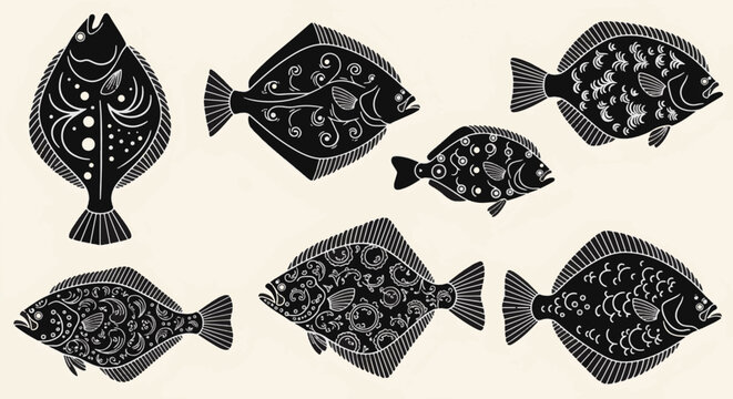 Set of seven black halibut and flounder silhouettes featuring intricate white decorative line art patterns, swirls, and scales on a light cream background for seafood graphics.