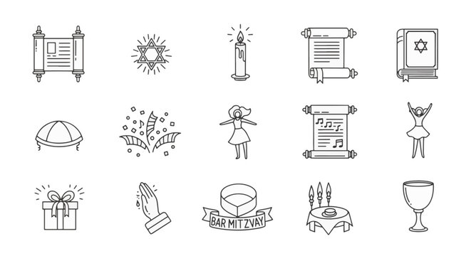 Bar Mitzvah and Bat Mitzvah thin line icon set featuring Torah scrolls, Star of David, kippah, kiddush cup, prayer hands, and celebration elements for Jewish coming of age ceremony.