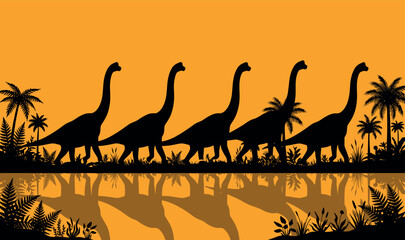Silhouette of a Herd of Brachiosaurus Dinosaurs Walking Along a Tropical Lake Reflection at Sunset Orange Background Vector Illustration for Prehistoric Nature and Wildlife Themes. © Sadek