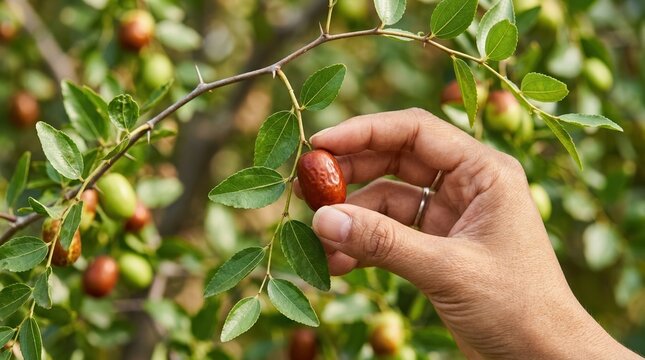 Hand picking fresh ripe jujube fruit from tree branch in orchard for healthy organic harvest concept
