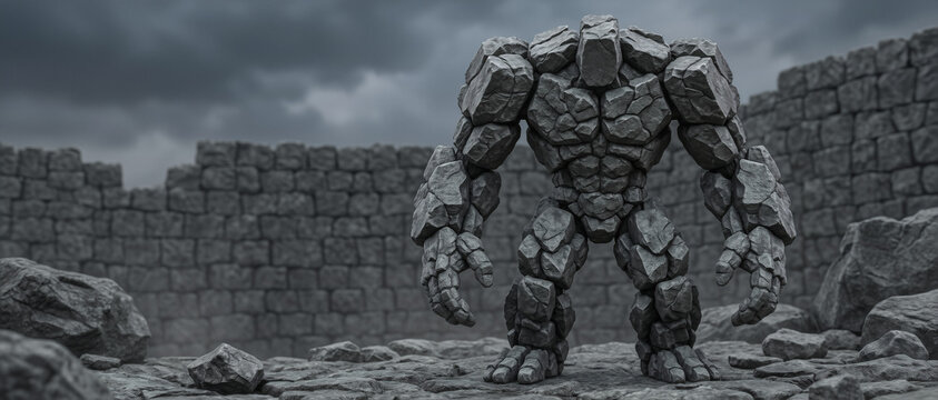 A colossal humanoid figure made of rocks stands in a stone-walled arena under a stormy sky, exuding strength and ancient, mythical power.