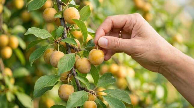 Hand Picking Fresh Yellow Mirabelle Plums from Tree in Orchard for Organic Fruit Harvest and Healthy Eating Concept