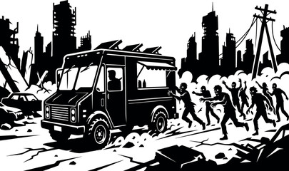 Post-Apocalyptic Food Truck Vector Illustration: Hungry Zombies Chasing a Delivery Van through a Ruined Cityscape, Survival Scene in Bold Black and White Graphic Novel Style Art Asset. © Sadek