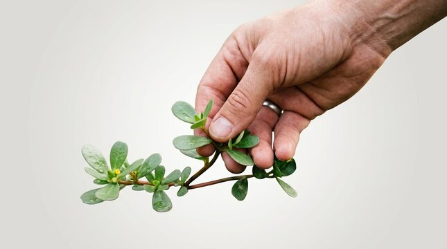 Hand Holding Fresh Purslane Herb for Foraging and Edible Plant Identification in a Sustainable Garden Setting