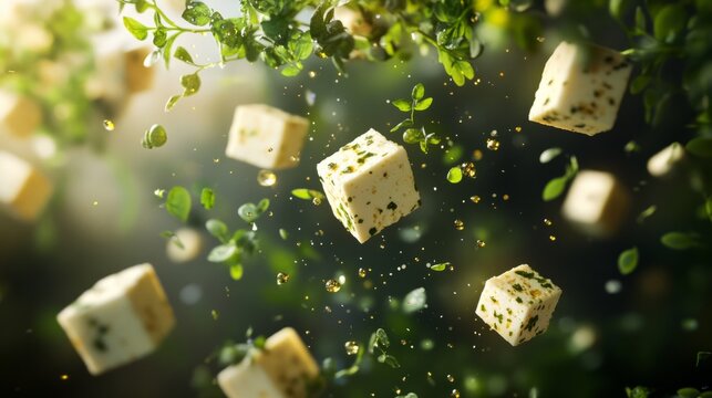 cubes of paneer floating in the air, surrounded by herbs and droplets of curry; generative ai