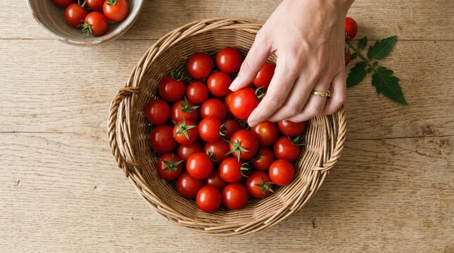 Hand picking fresh organic cherry tomatoes from a rustic wicker basket on a wooden table for healthy cooking