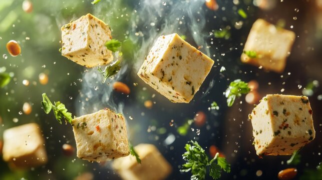 cubes of paneer floating in the air, surrounded by herbs and droplets of curry; generative ai