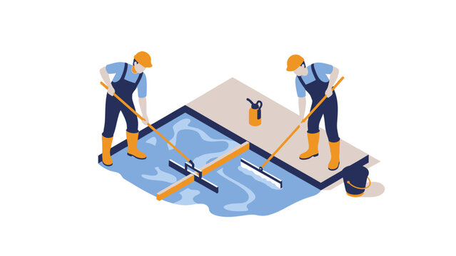 Isometric Construction Workers Applying Blue Epoxy Resin Floor Coating